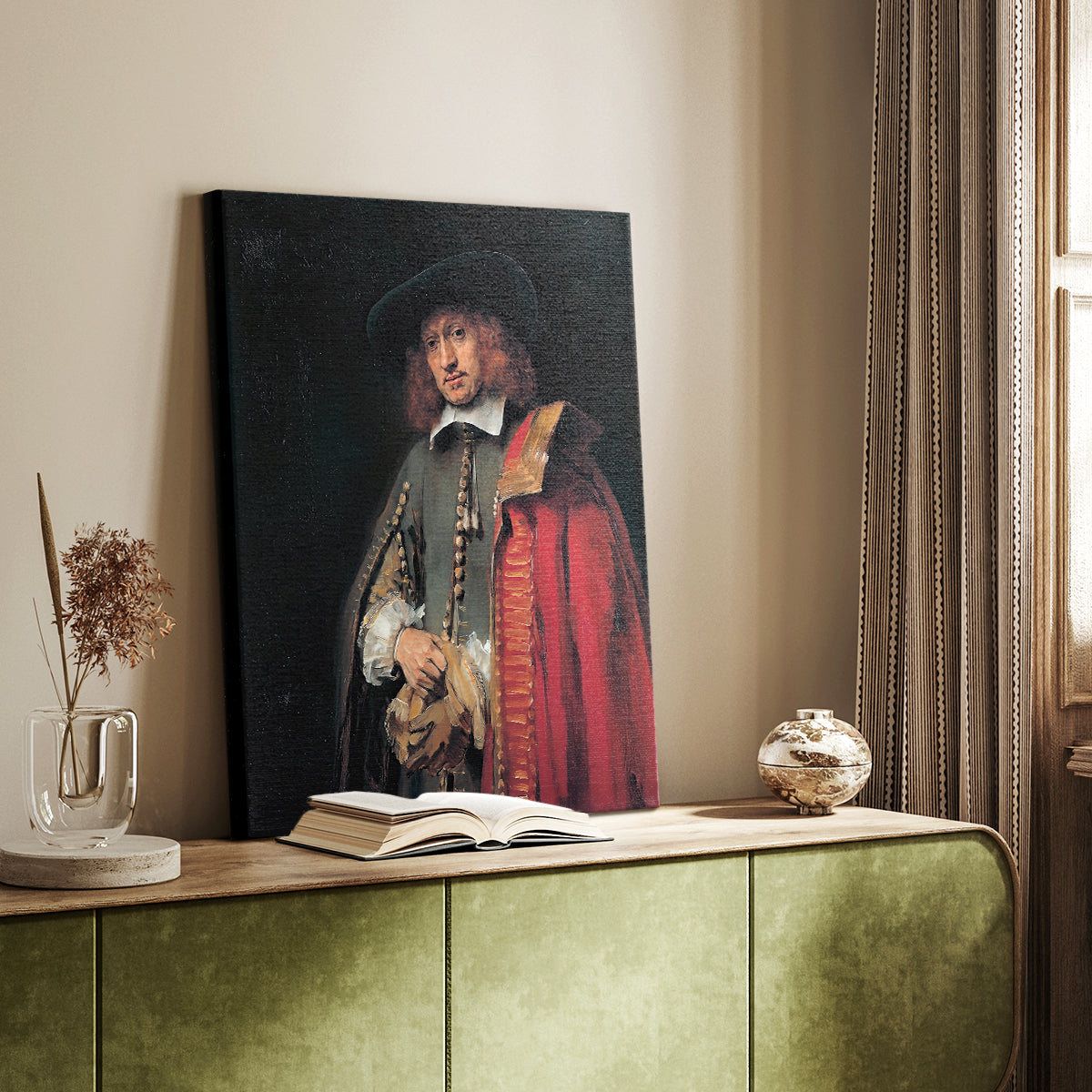 Canvas art print of a refined figure with soft light and composed posture styled in a home decor setting.