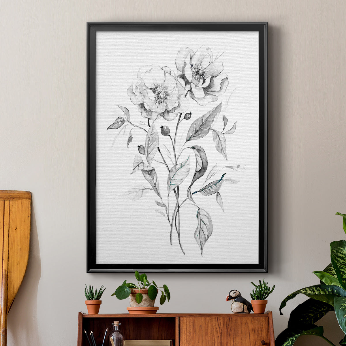 Wild Roses Sketch - Modern Framed Canvas Print