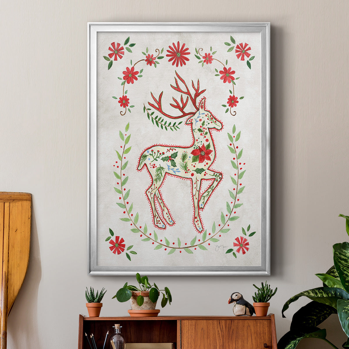Christmas Folk Reindeer - Modern Framed Canvas Print