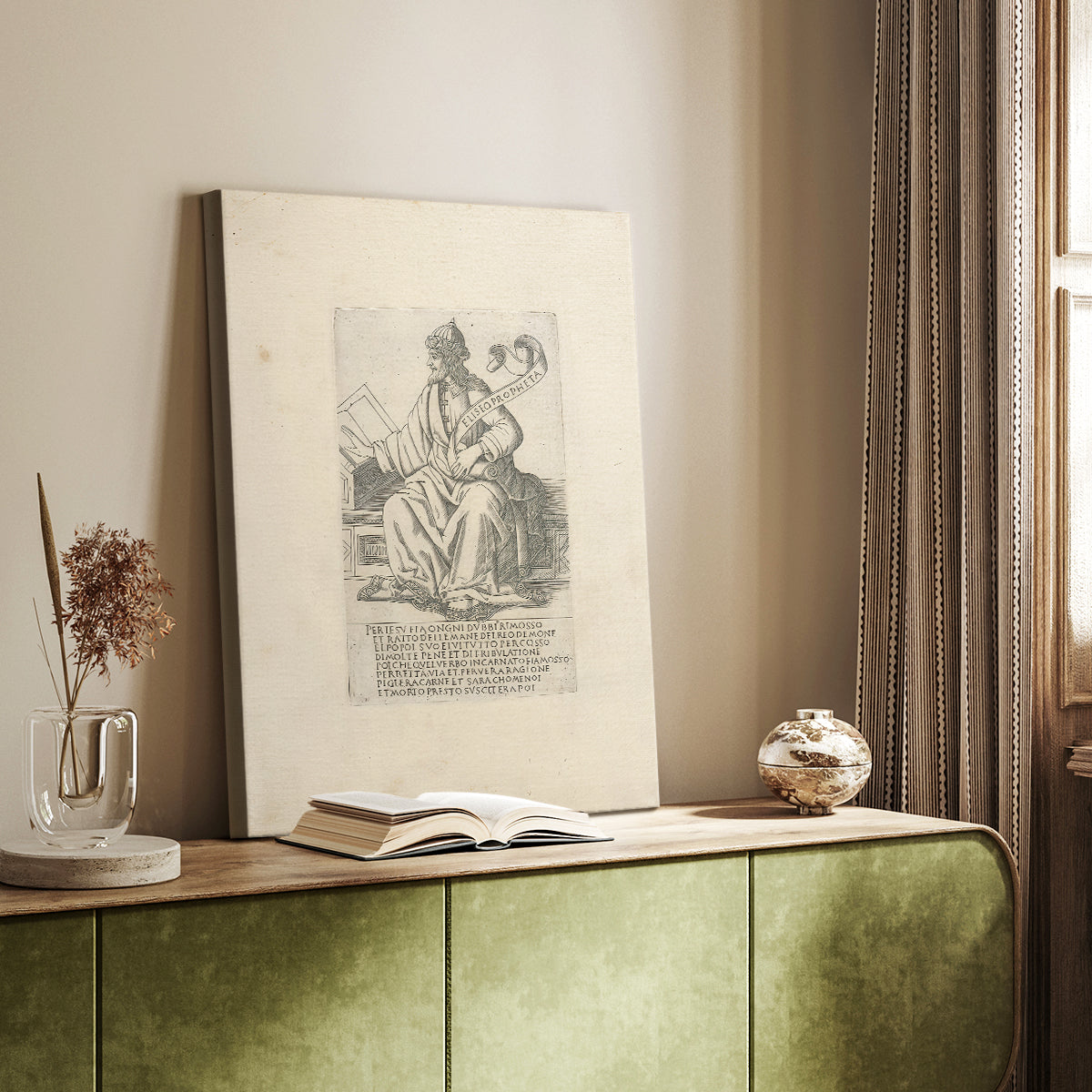Canvas art print of a classical figure with etched lines and simple composition styled in a home decor setting.
