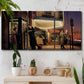 Three-panel canvas wall art featuring cinematic nighttime theater scene, displayed in a boho-chic entryway above a console table.
