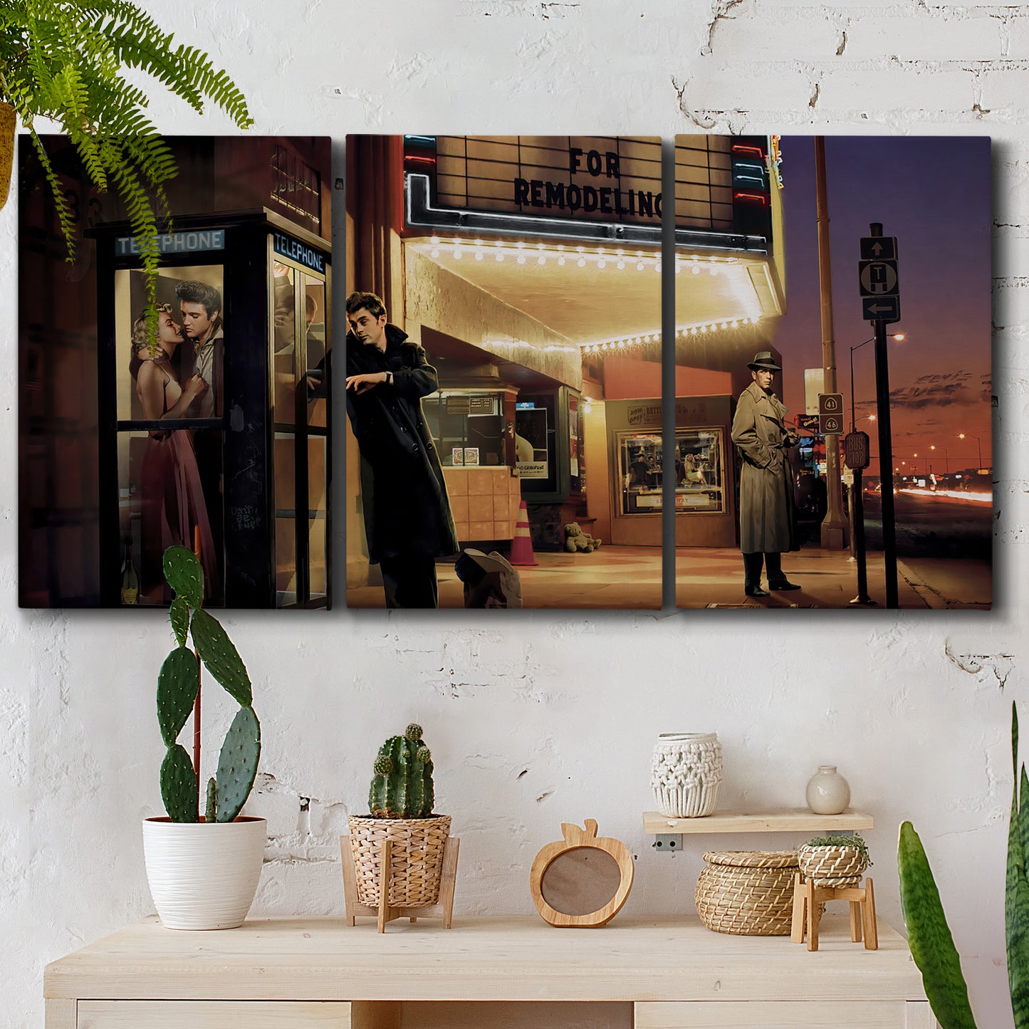 Three-panel canvas wall art featuring cinematic nighttime theater scene, displayed in a boho-chic entryway above a console table.