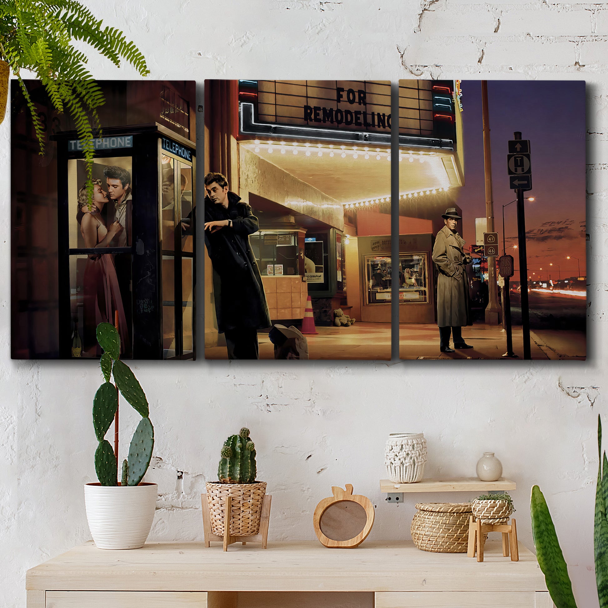 Three-panel canvas wall art featuring cinematic nighttime theater scene, displayed in a boho-chic entryway above a console table.