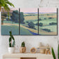 Three-panel canvas wall art featuring pastoral countryside with rocky outcrop, displayed in a boho-chic entryway above a console table.
