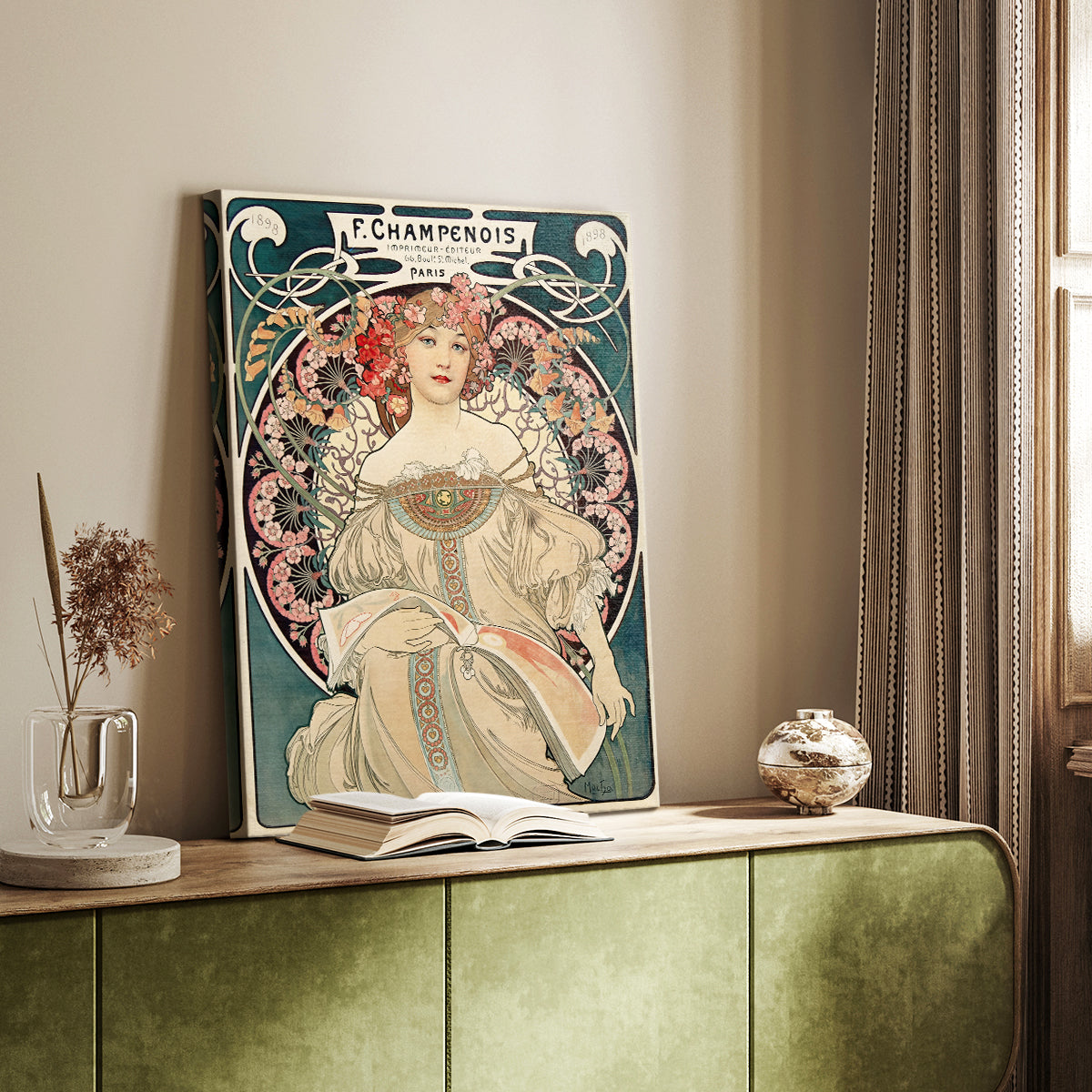 Canvas art print of a stylized portrait of a woman in a contemplative pose with soft tones styled in a home decor setting.