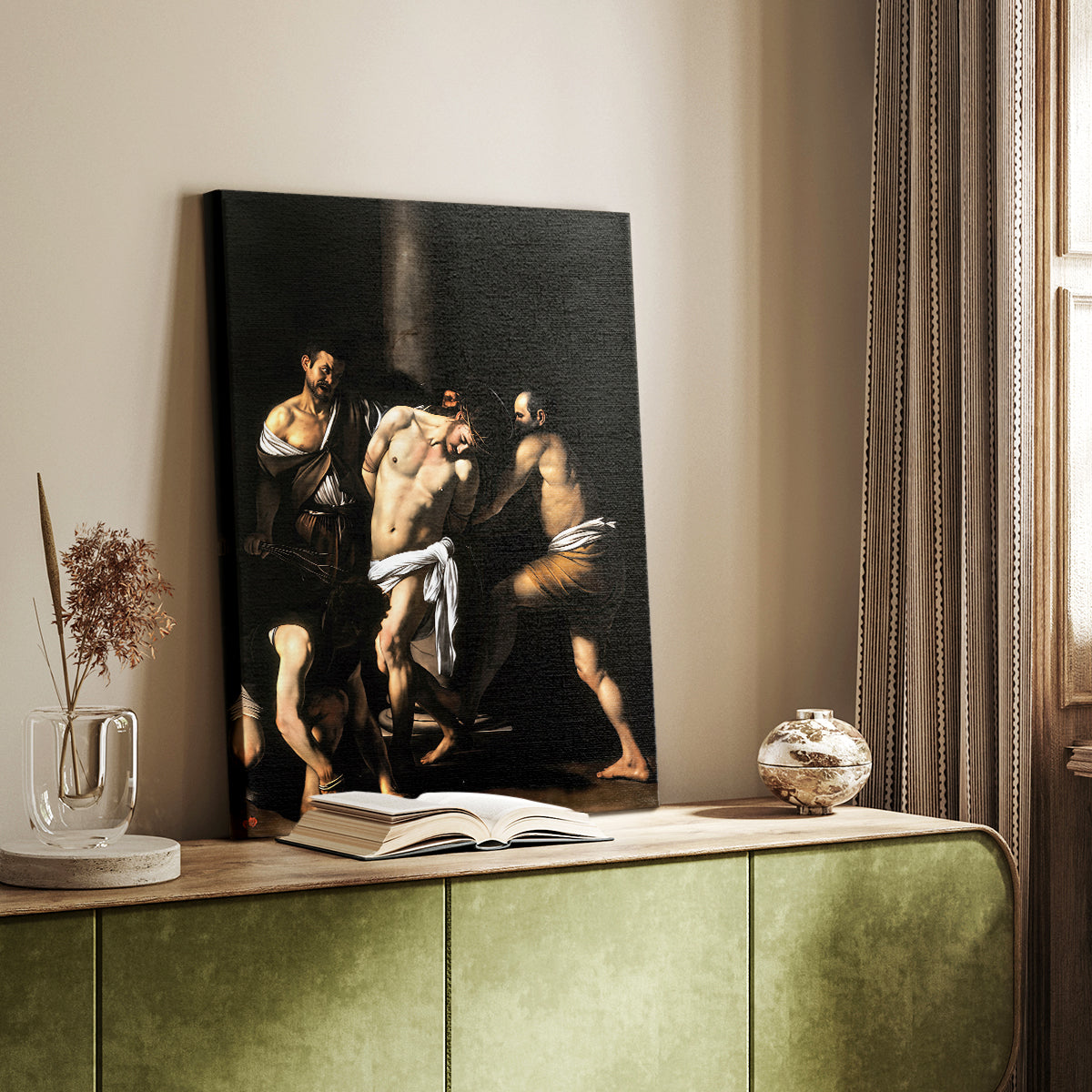 Canvas art print of a tense composition with figures in motion and strong contrast styled in a home decor setting.