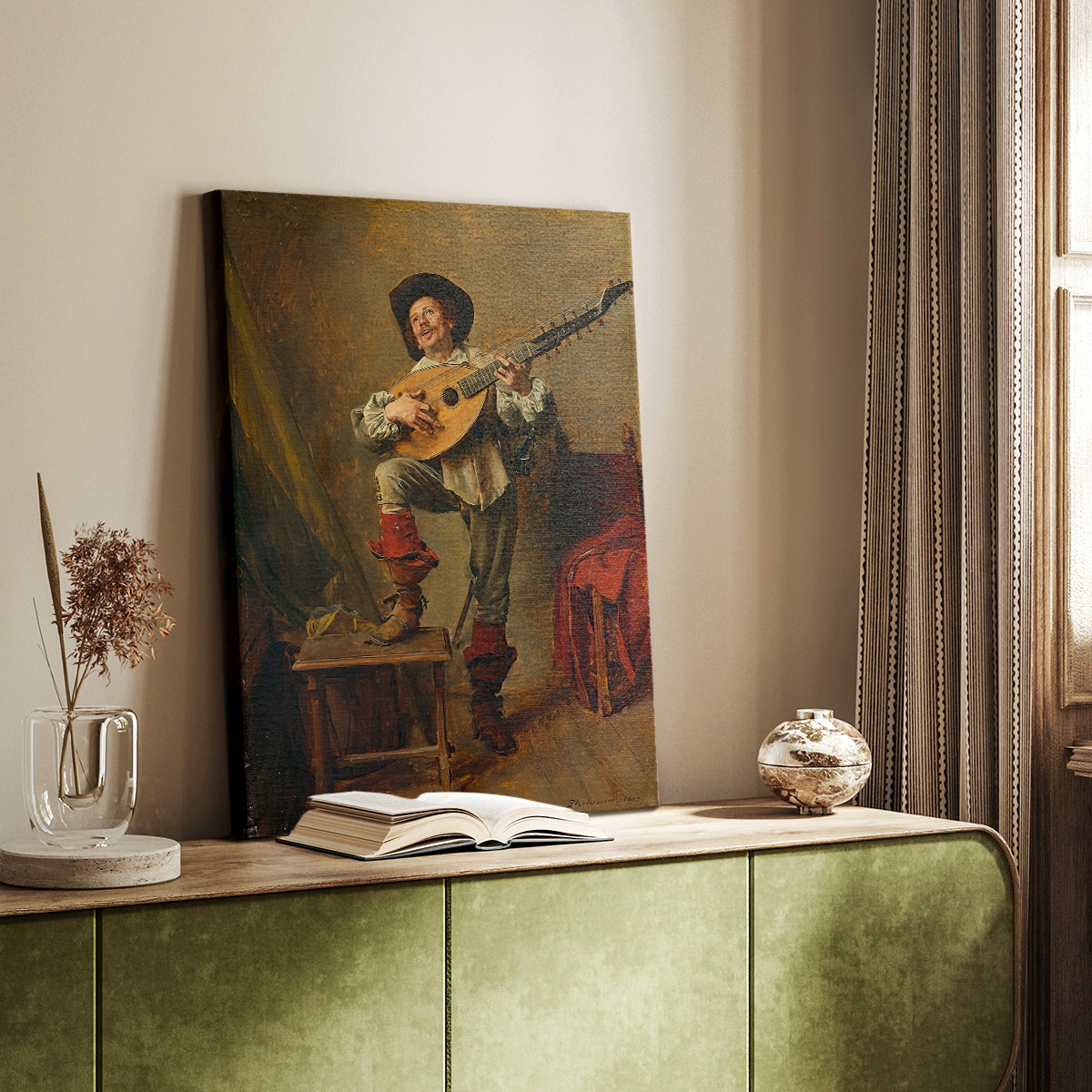 Canvas art print of a figure seated with a theorbo in a warm interior styled in a home decor setting.