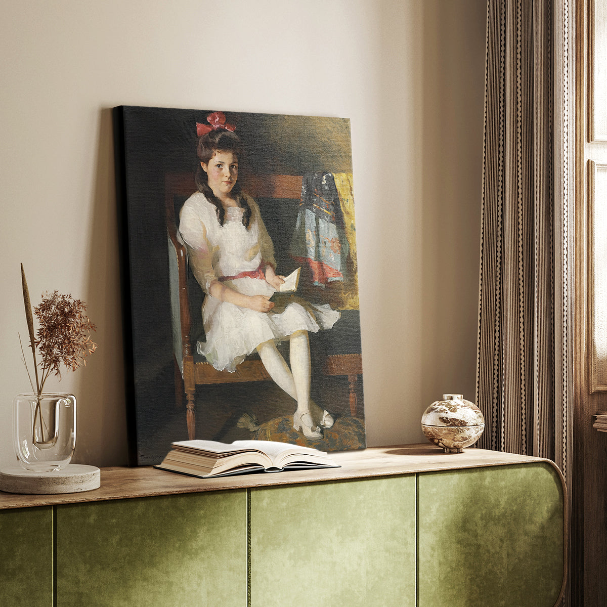 Canvas art print of a refined figure with calm expression and gentle shading styled in a home decor setting.