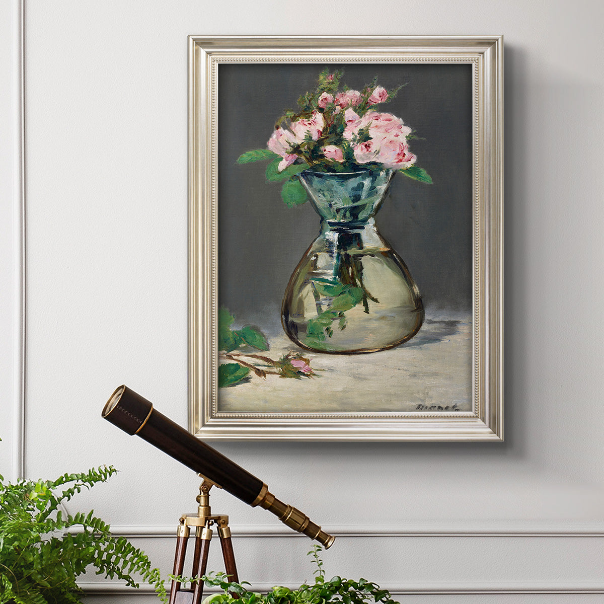 Moss Roses in a Vase - Ornate Framed Canvas Print