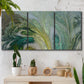 Three-panel canvas wall art featuring layered modern abstract landscape, displayed in a boho-chic entryway above a console table.