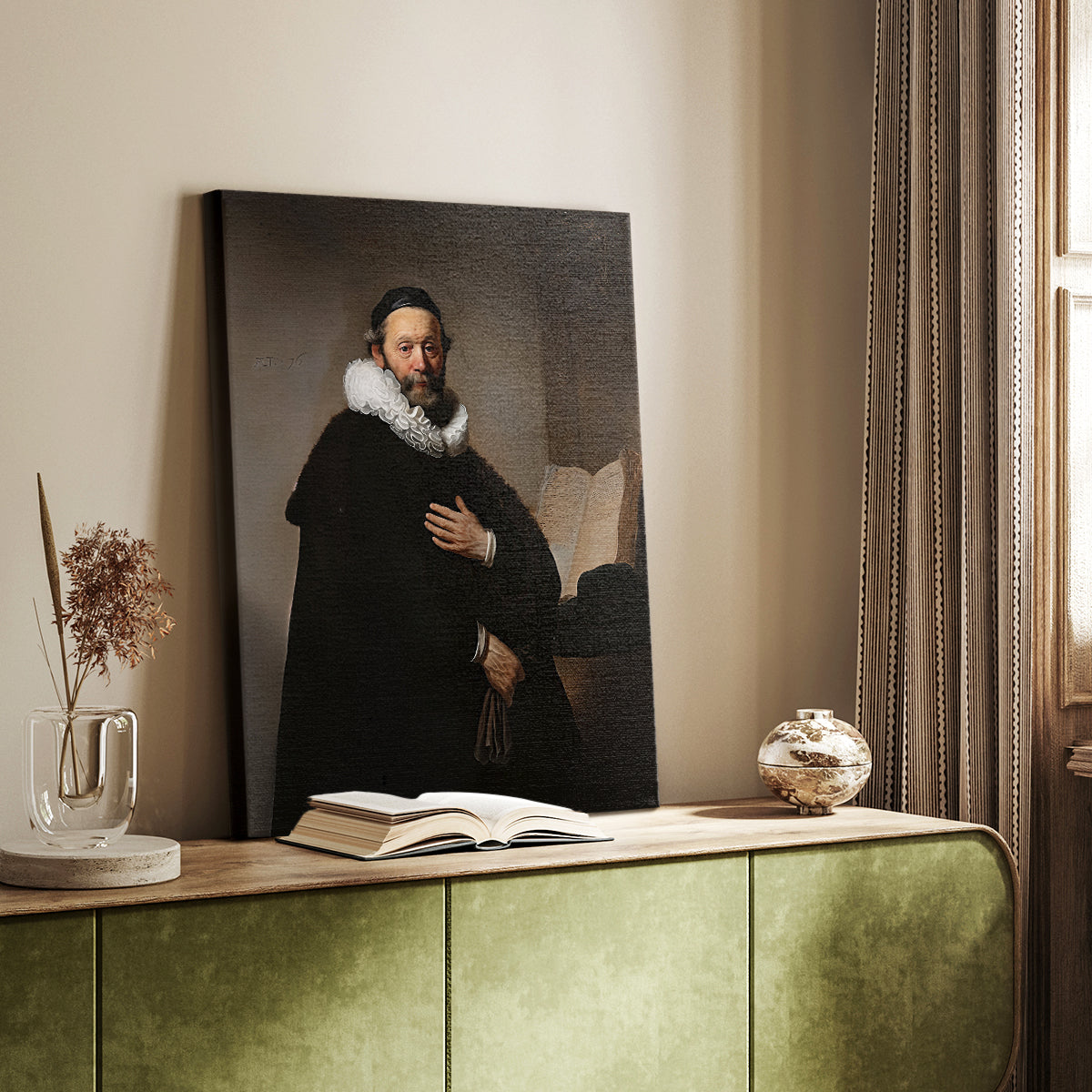 Canvas art print of a composed figure with subtle shading and calm expression styled in a home decor setting.