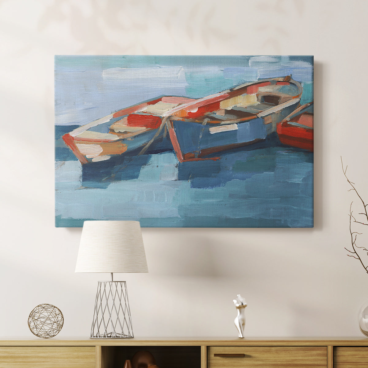 Colorful boats float calmly on the water, capturing a serene maritime atmosphere in a vibrant artistic style