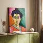 Canvas art print of a stylized face with strong color contrast and simplified features styled in a home decor setting.