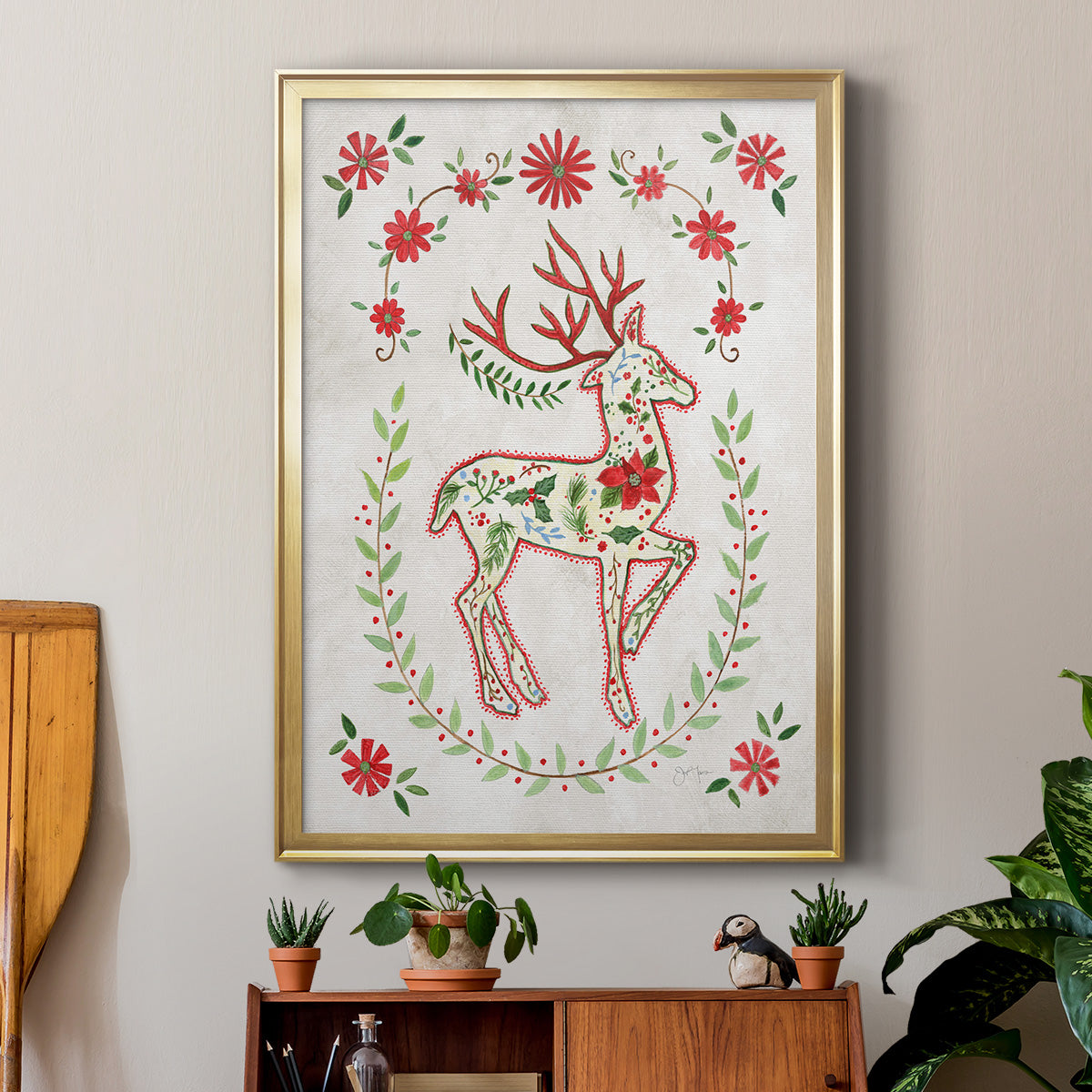 Christmas Folk Reindeer - Modern Framed Canvas Print