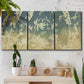 Three-panel canvas wall art featuring lupine flowers in seasonal bloom, displayed in a boho-chic entryway above a console table.