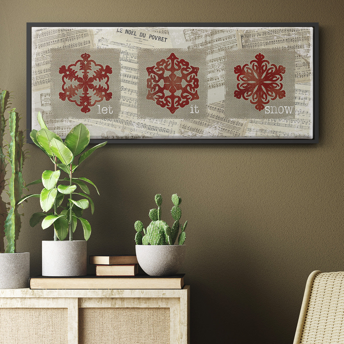 Burlap Music Snowflakes - Floater Framed Canvas Print