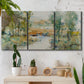Three-panel canvas wall art featuring trees lining quiet creek, displayed in a boho-chic entryway above a console table.