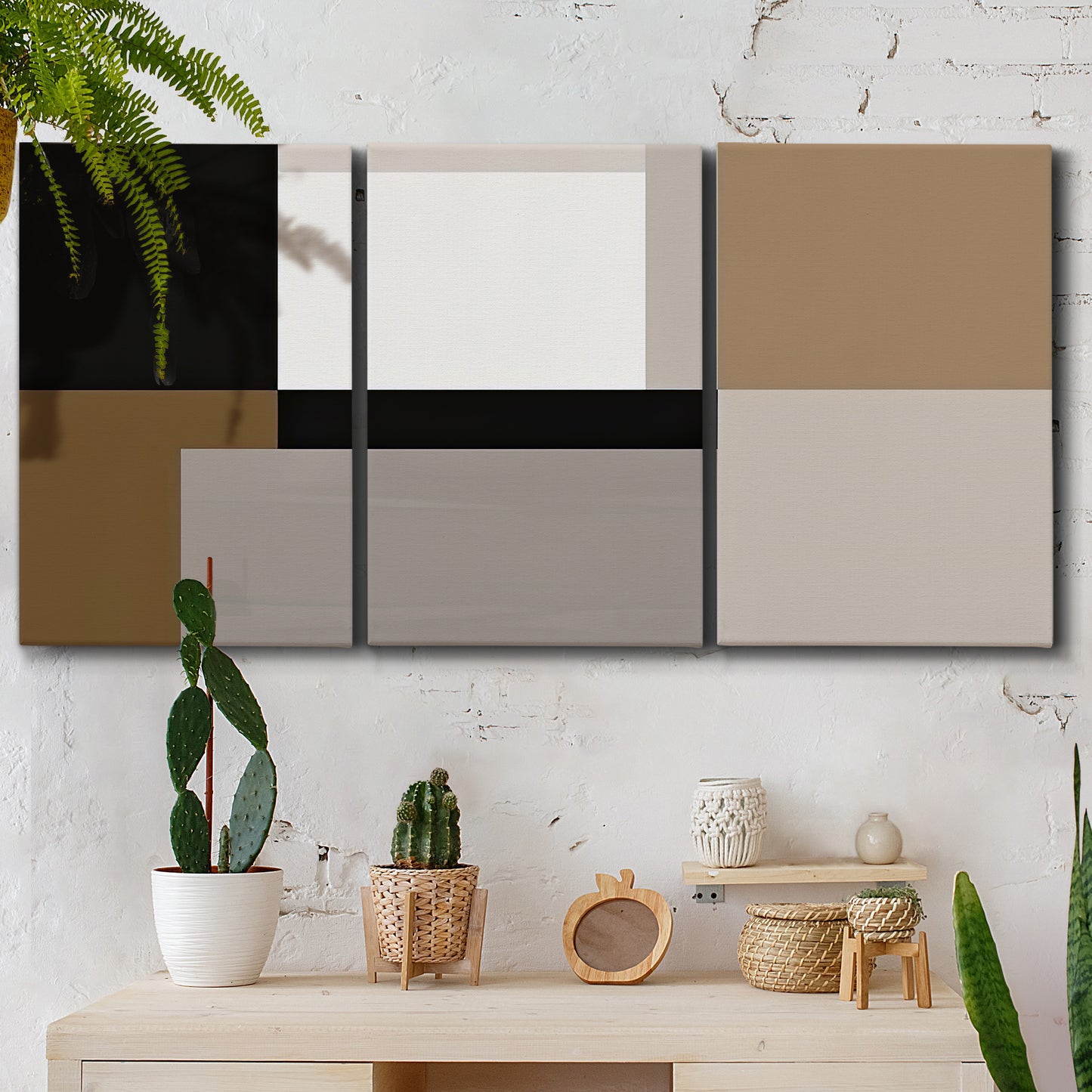 Three-panel canvas wall art featuring geometric abstract centerpoint composition, displayed in a boho-chic entryway above a console table.