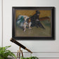 Impressionist portrait of a seated woman by Edgar Degas in an ornate black frame with gilded inner detail displayed in a light-toned interior setting.