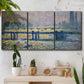 Three-panel canvas wall art featuring london bridge crossing wide river, displayed in a boho-chic entryway above a console table.