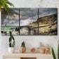 Three-panel canvas wall art featuring sunset beach with glowing sky, displayed in a boho-chic entryway above a console table.