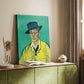 Canvas art print of a stylized figure with textured strokes and strong tones styled in a home decor setting.