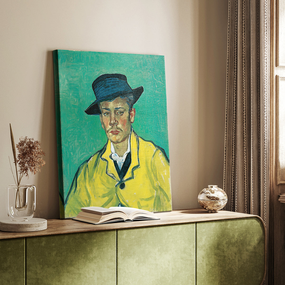 Canvas art print of a stylized figure with textured strokes and strong tones styled in a home decor setting.