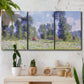 Three-panel canvas wall art featuring poppy field near garden village, displayed in a boho-chic entryway above a console table.
