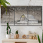Three-panel canvas wall art featuring rustic winter holiday text art, displayed in a boho-chic entryway above a console table.