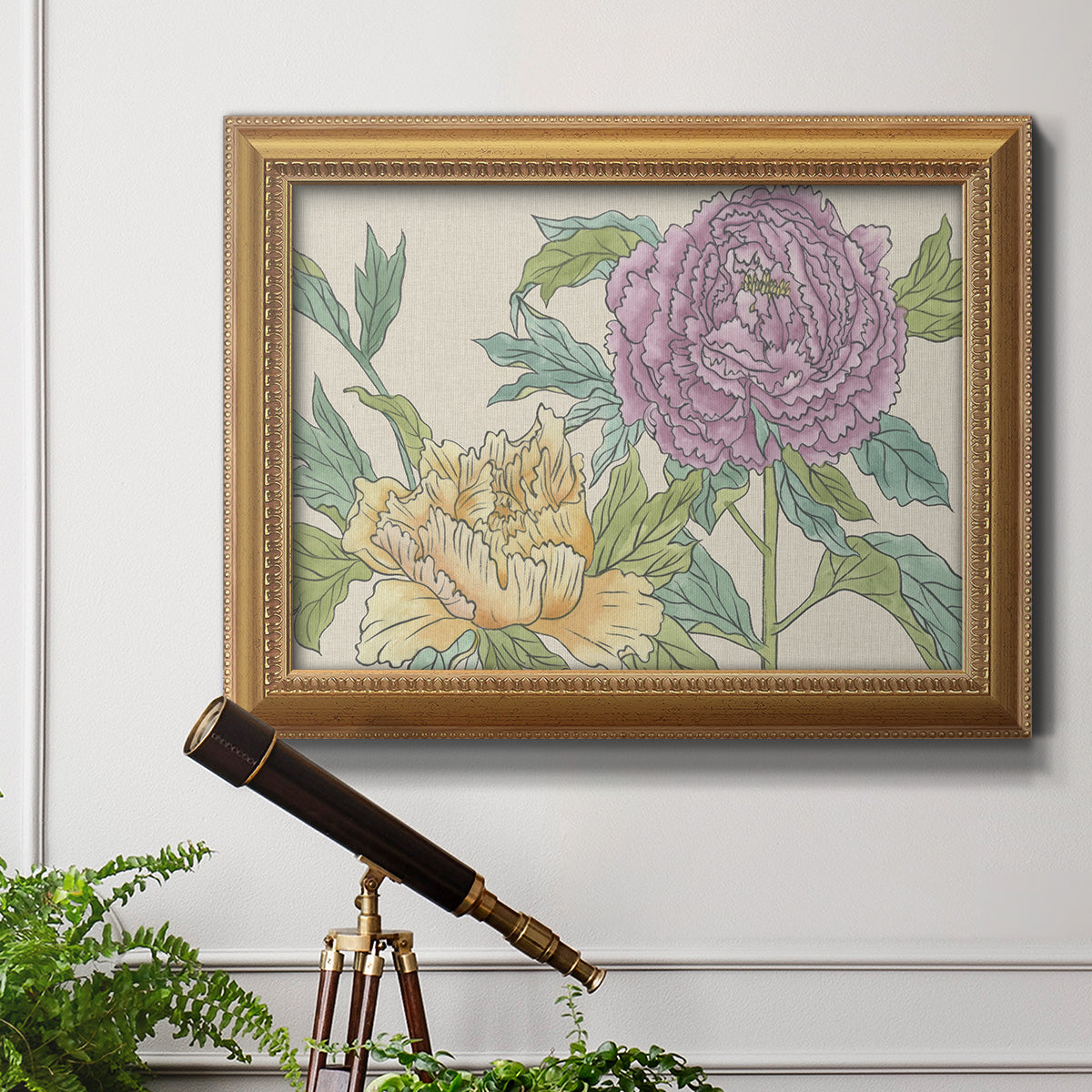 Contemporary peony flower illustration in an ornate antique gold frame displayed in a light-toned interior setting.