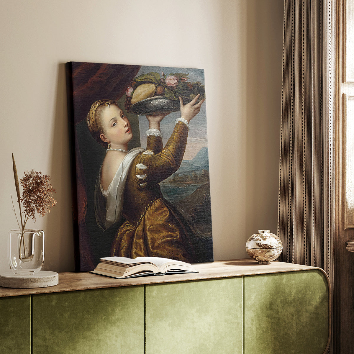 Canvas art print of a refined figure with still life element and soft tones styled in a home decor setting.