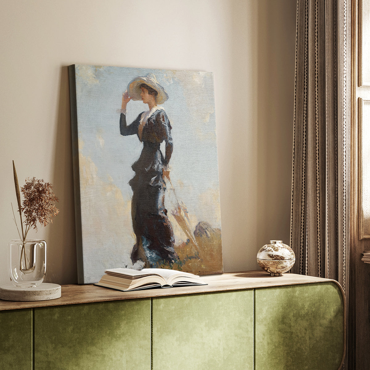 Canvas art print of a bright composition with figure and natural setting styled in a home decor setting.