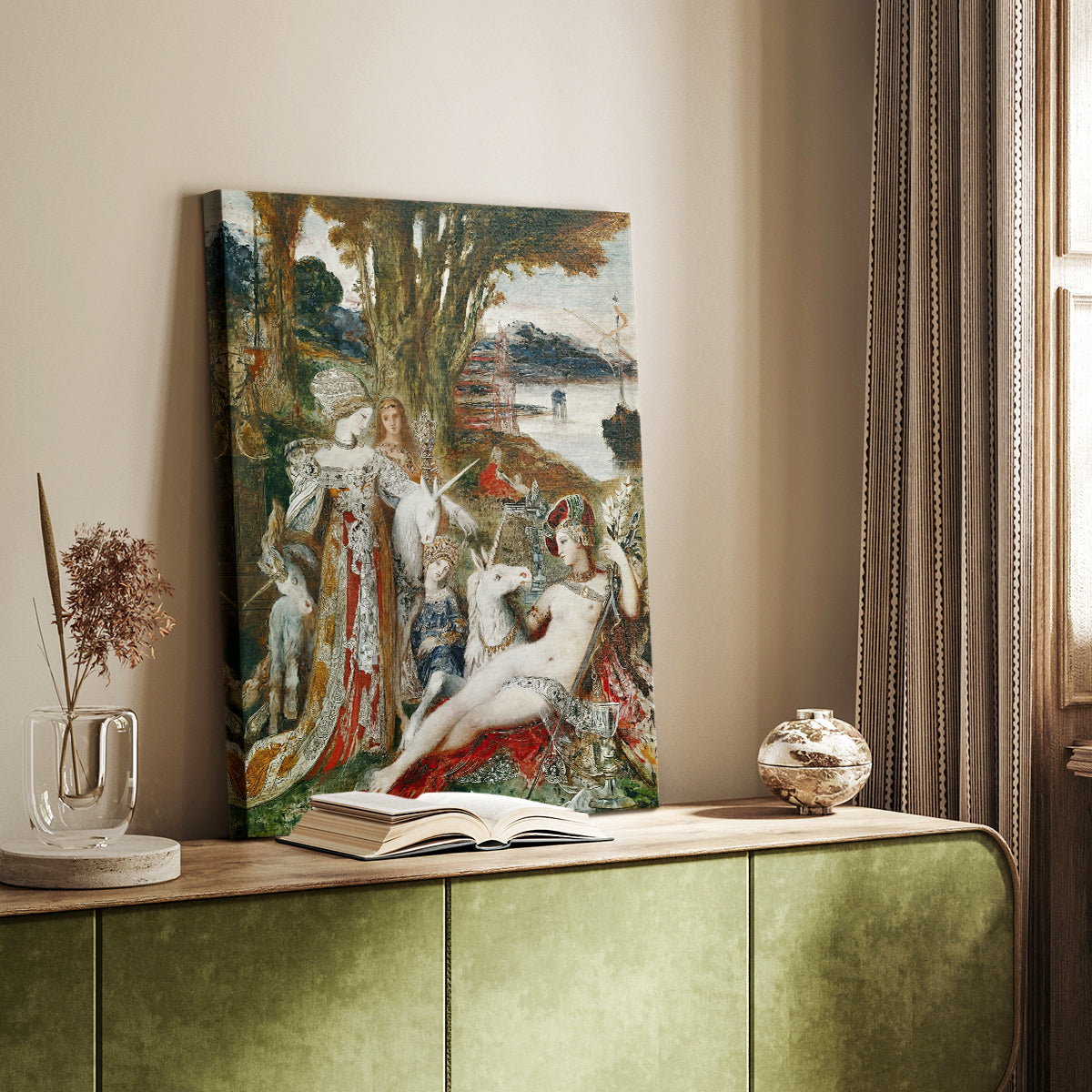 Canvas art print of a mythic composition with animals and decorative elements styled in a home decor setting.