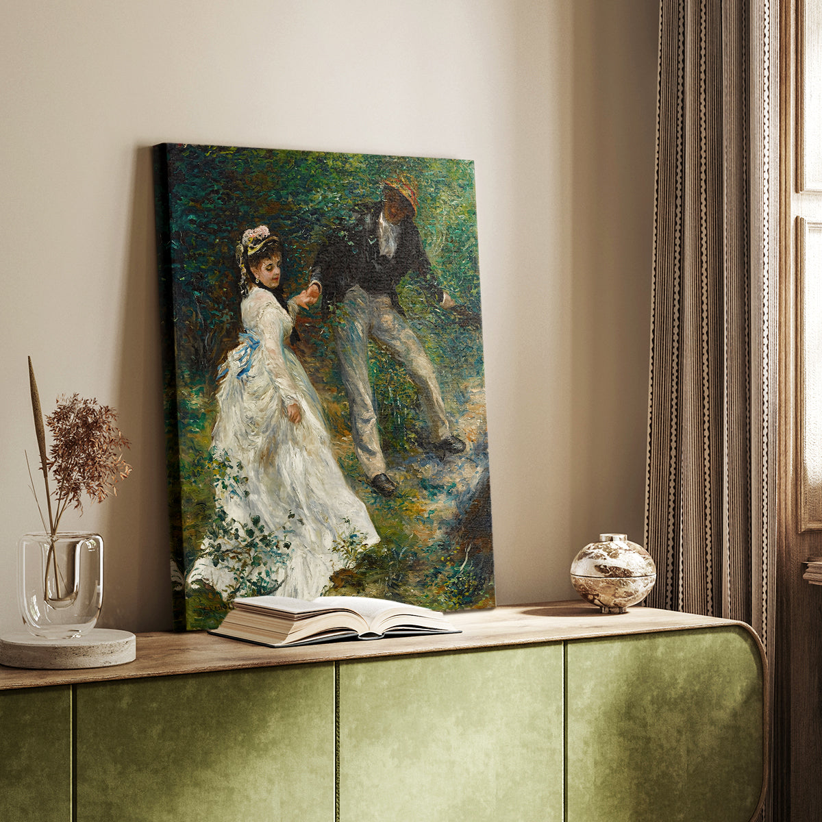 Canvas art print of a couple strolling through greenery with soft brushwork styled in a home decor setting.