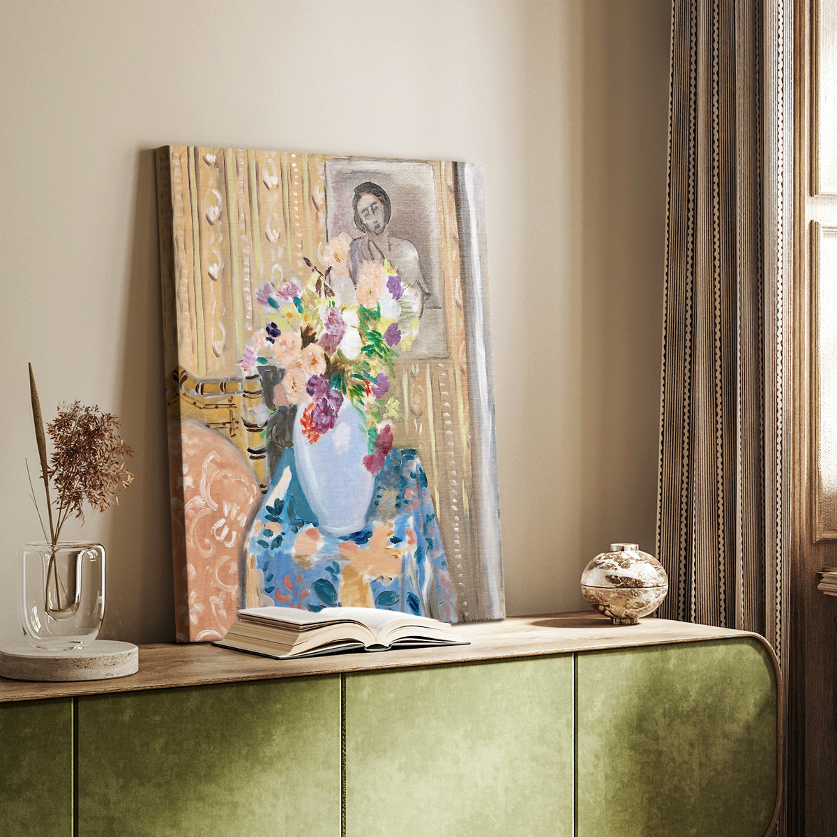 Canvas art print of a layered composition with floral arrangement and background image styled in a home decor setting.