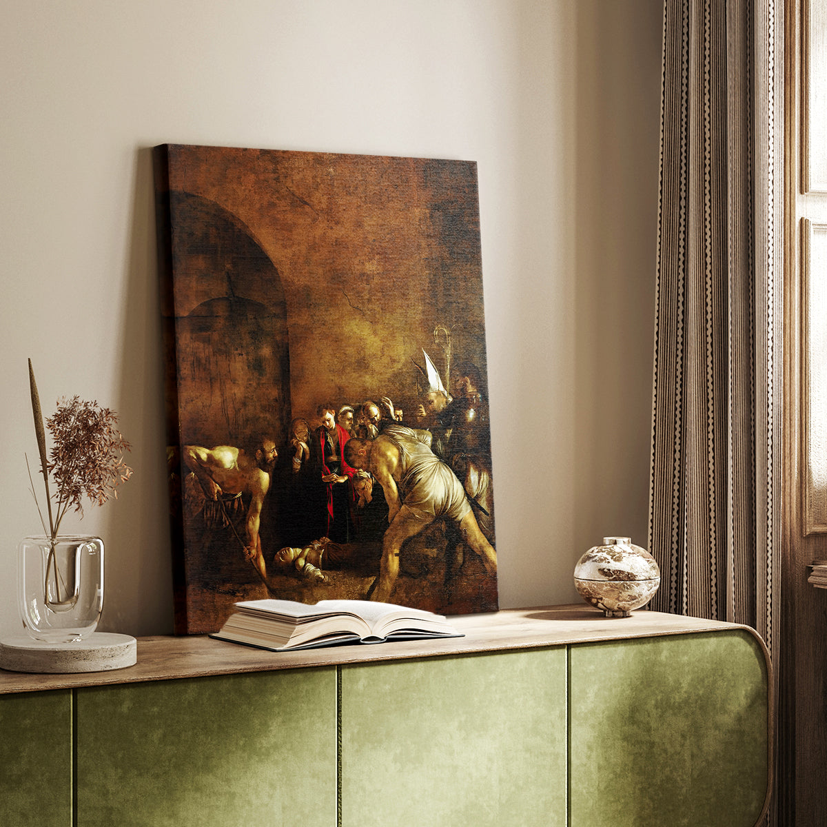 Canvas art print of a somber composition with figures gathered in shadow styled in a home decor setting.