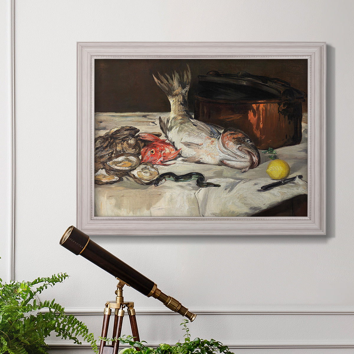Impressionist still life painting of fish by Édouard Manet in an ornate weathered white frame displayed in a light-toned interior setting.