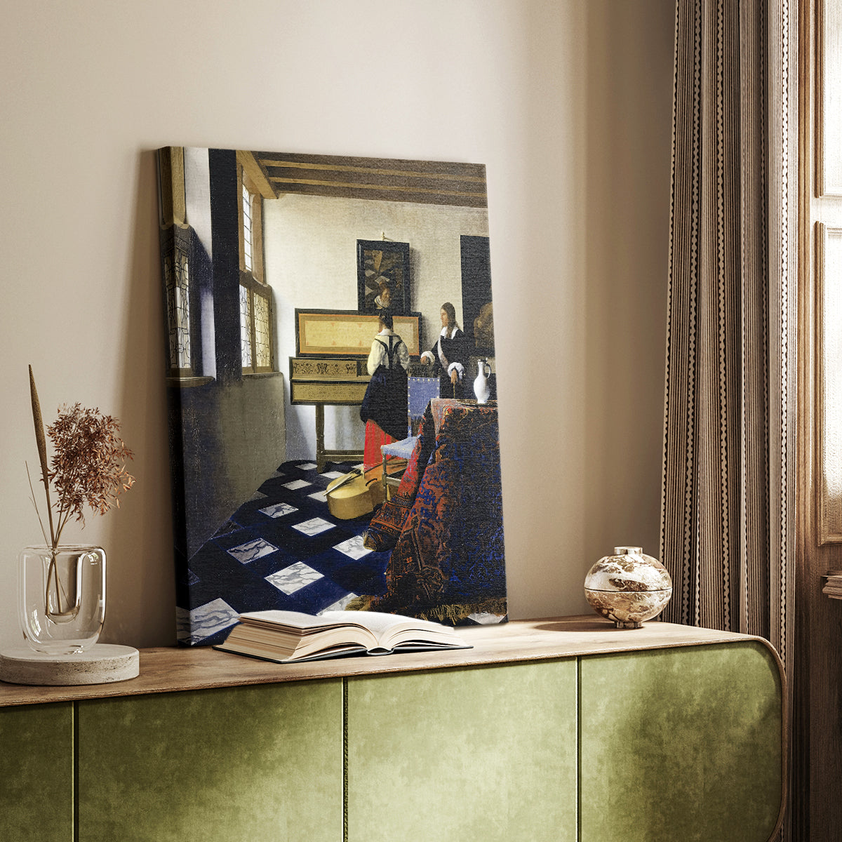 Canvas art print of a composed scene with instrument and gentle light styled in a home decor setting.
