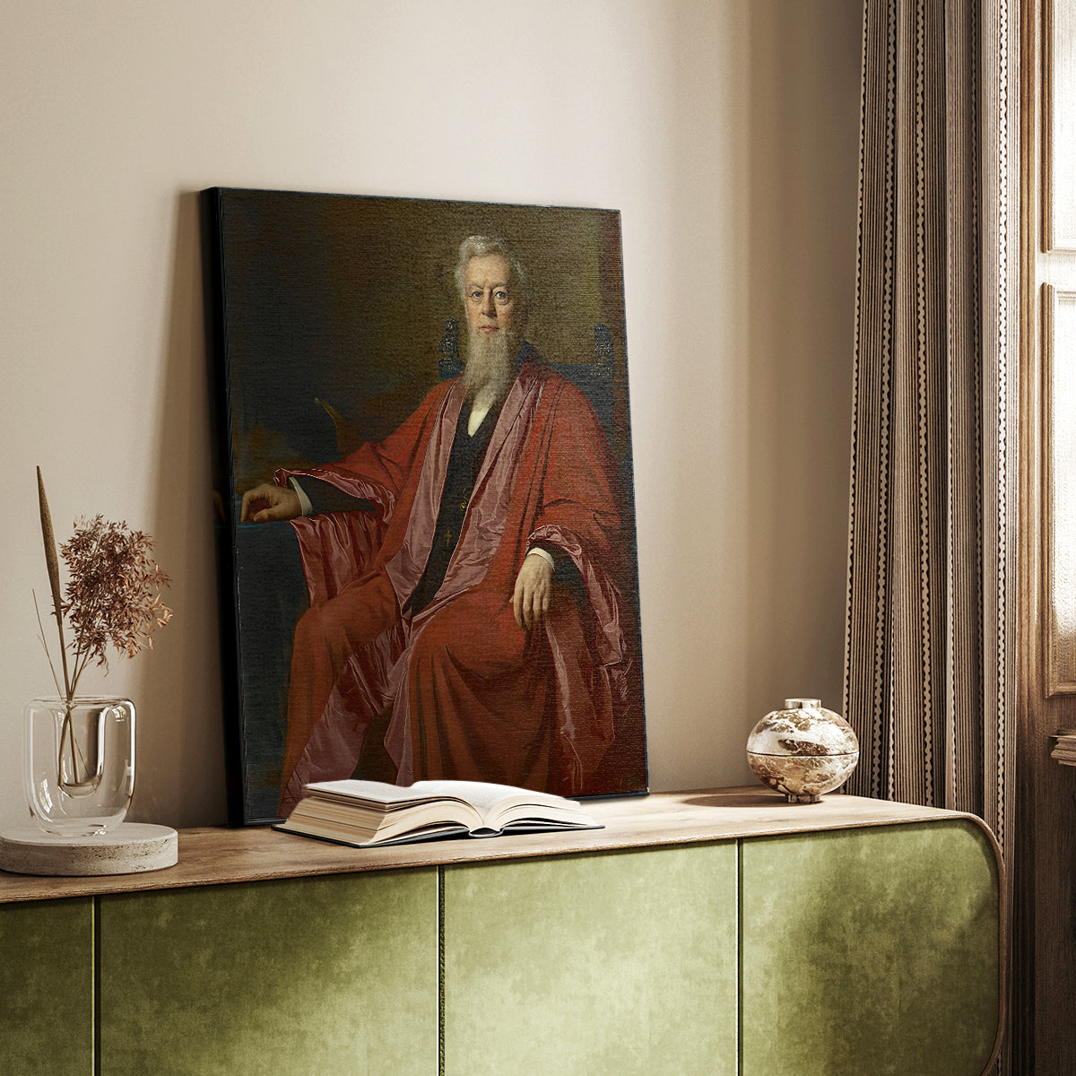 Canvas art print of a dignified male figure with refined clothing and soft light styled in a home decor setting.