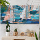 Three-panel canvas wall art featuring graphic pop style sailboats, displayed in a boho-chic entryway above a console table.