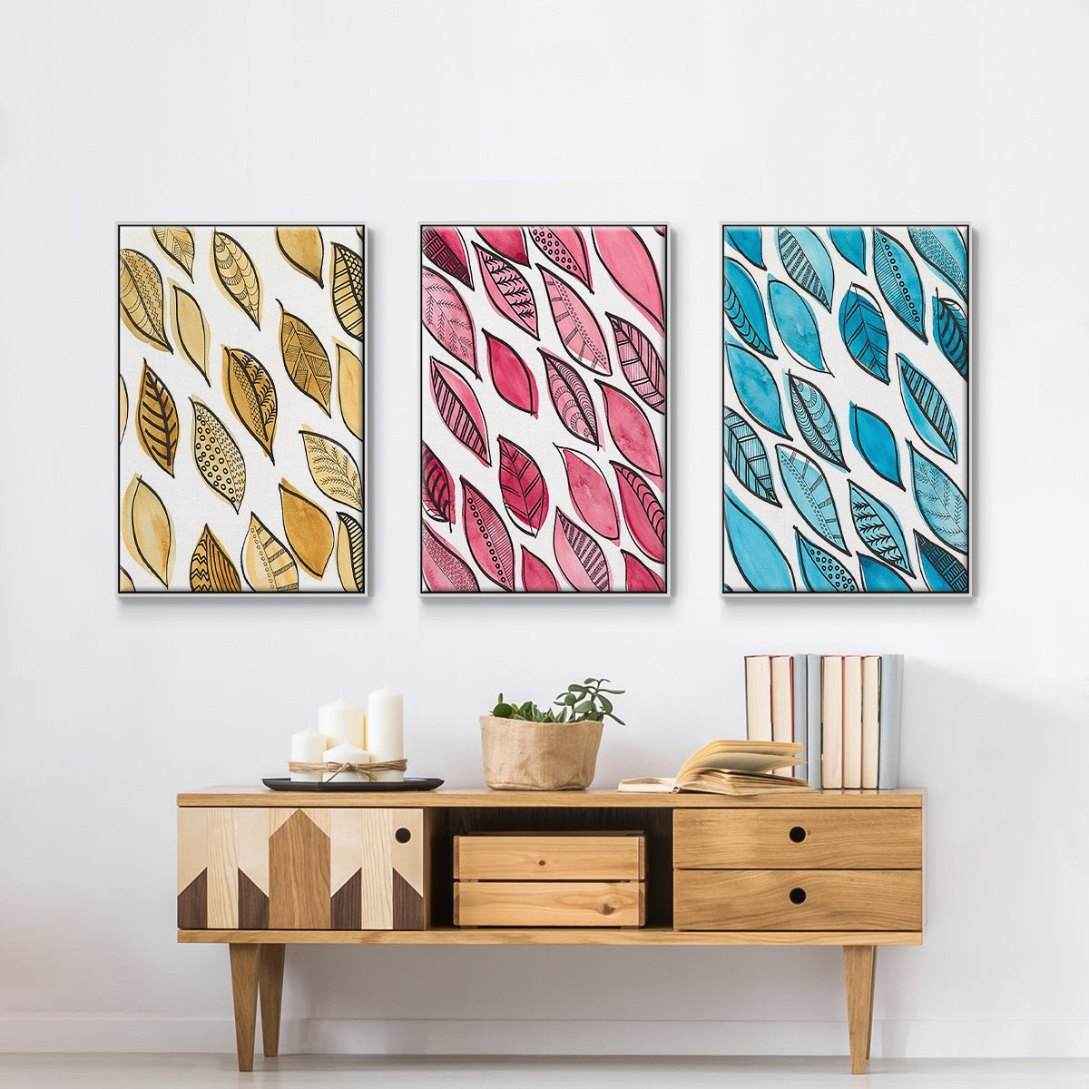 Patterned Leaf Shapes I - Framed Premium Gallery Wrapped Canvas L Frame 3 Piece Set - Ready to Hang