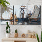 Three-panel canvas wall art featuring fishing boats navigating open water, displayed in a boho-chic entryway above a console table.