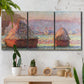 Three-panel canvas wall art featuring winter grainstacks glowing at sunset, displayed in a boho-chic entryway above a console table.