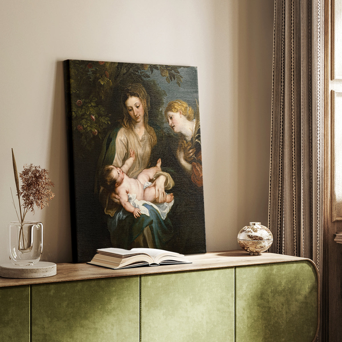 Canvas art print of a classical composition with sacred figures in soft dramatic lighting styled in a home decor setting.