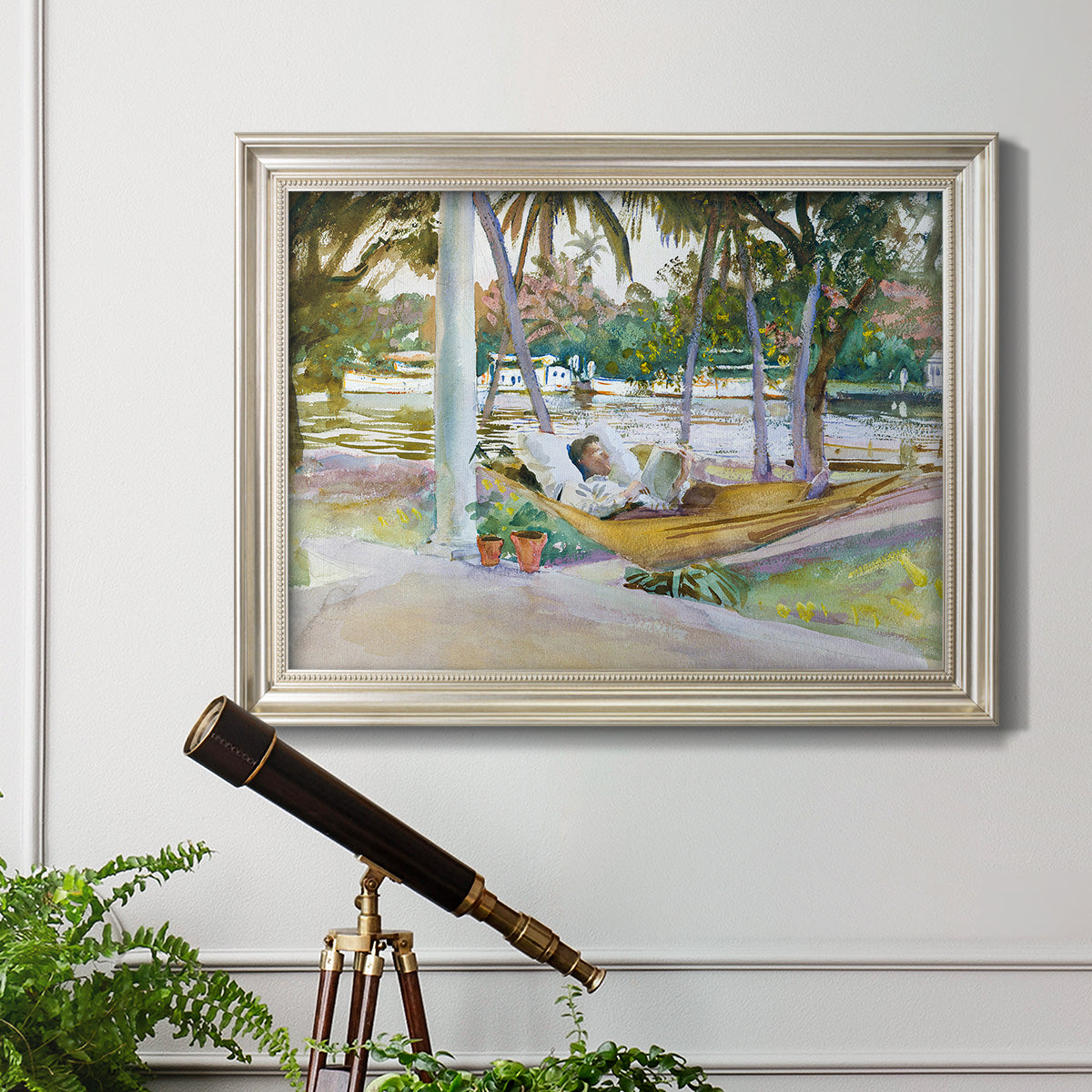 Impressionist leisure portrait scene by John Singer Sargent in an ornate champagne frame displayed in a light-toned interior setting.