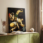 Canvas art print of a tense composition with figures lifting a cross in shadow styled in a home decor setting.