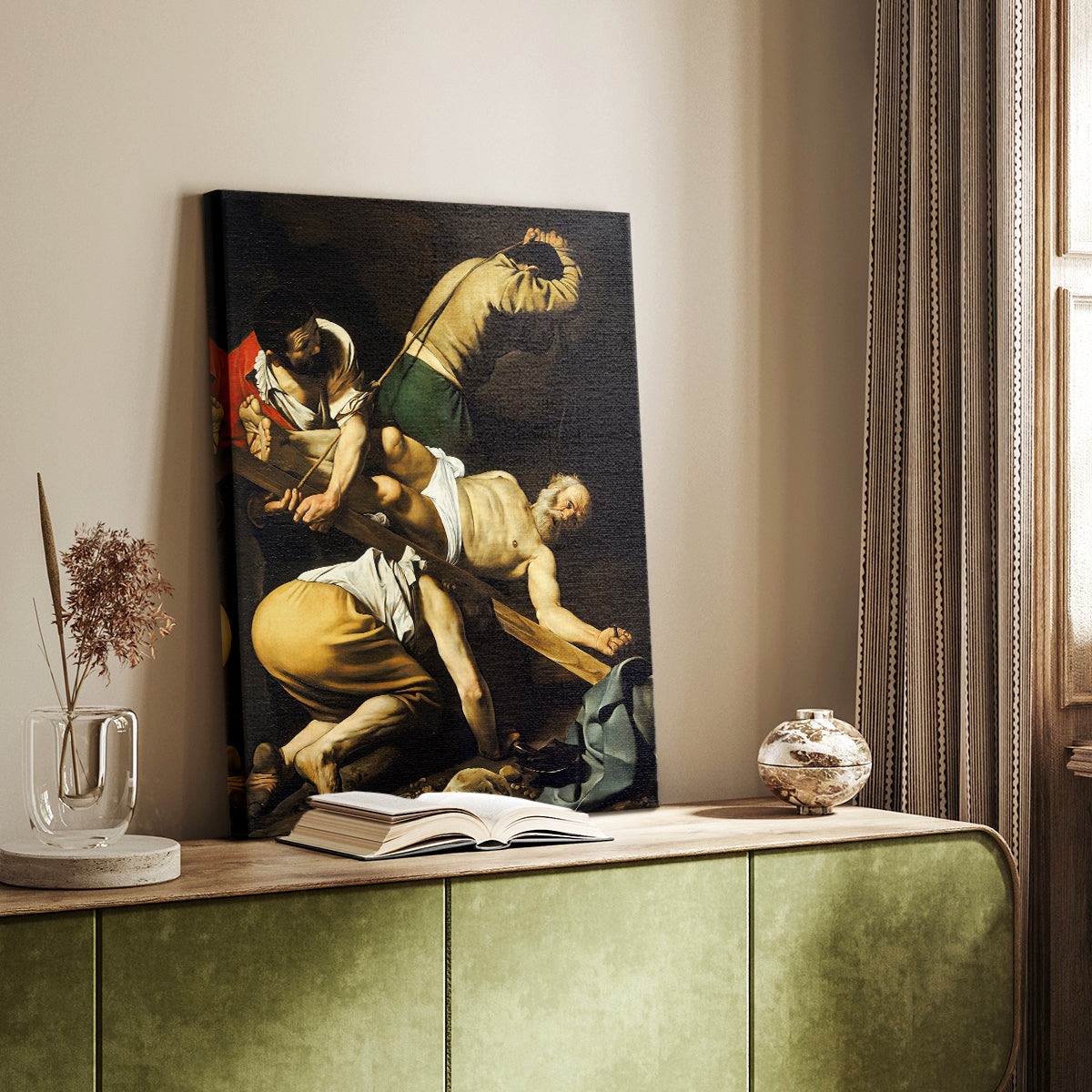 Canvas art print of a tense composition with figures lifting a cross in shadow styled in a home decor setting.