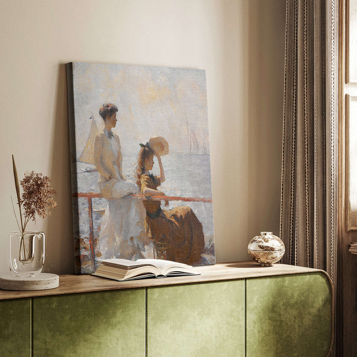 Canvas art print of a seaside composition with soft waves and gentle motion styled in a home decor setting.