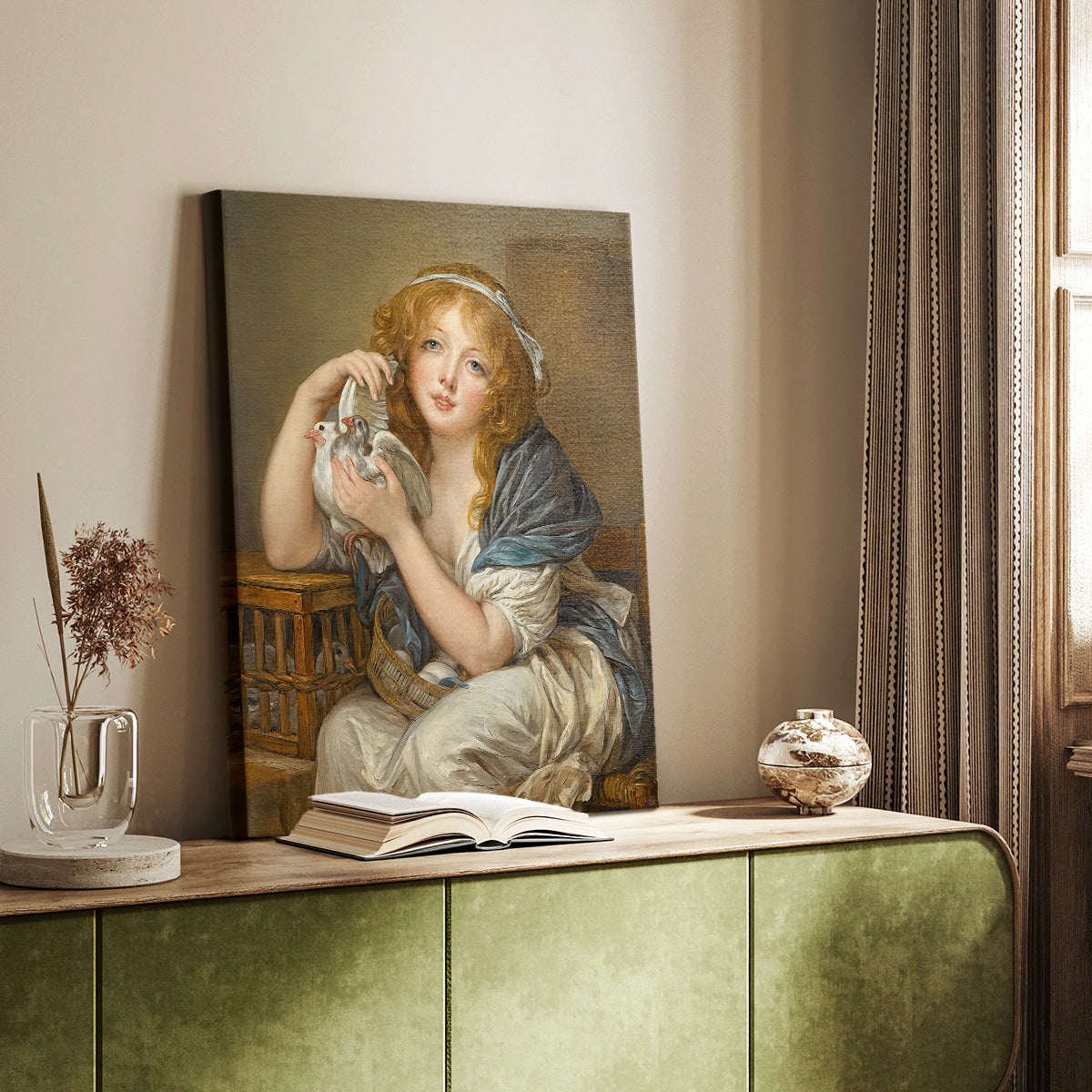 Canvas art print of a calm figure with birds and delicate shading styled in a home decor setting.