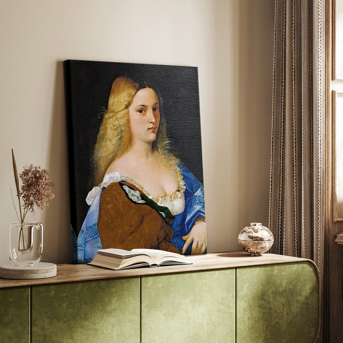 Canvas art print of a refined figure with gentle expression and smooth shading styled in a home decor setting.